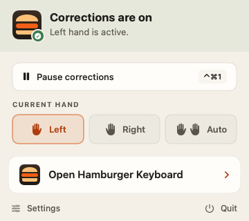 Hamburger menu bar controls for pausing corrections and selecting Left, Right, or Auto hand mode